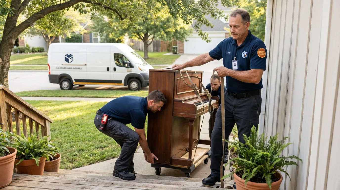 Licensed piano movers securing grand piano in Harleigh, PA
