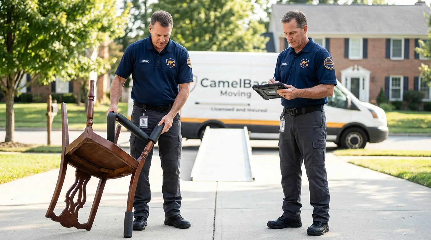 Movers inspecting furniture for damage prevention before loading in Harleigh, PA