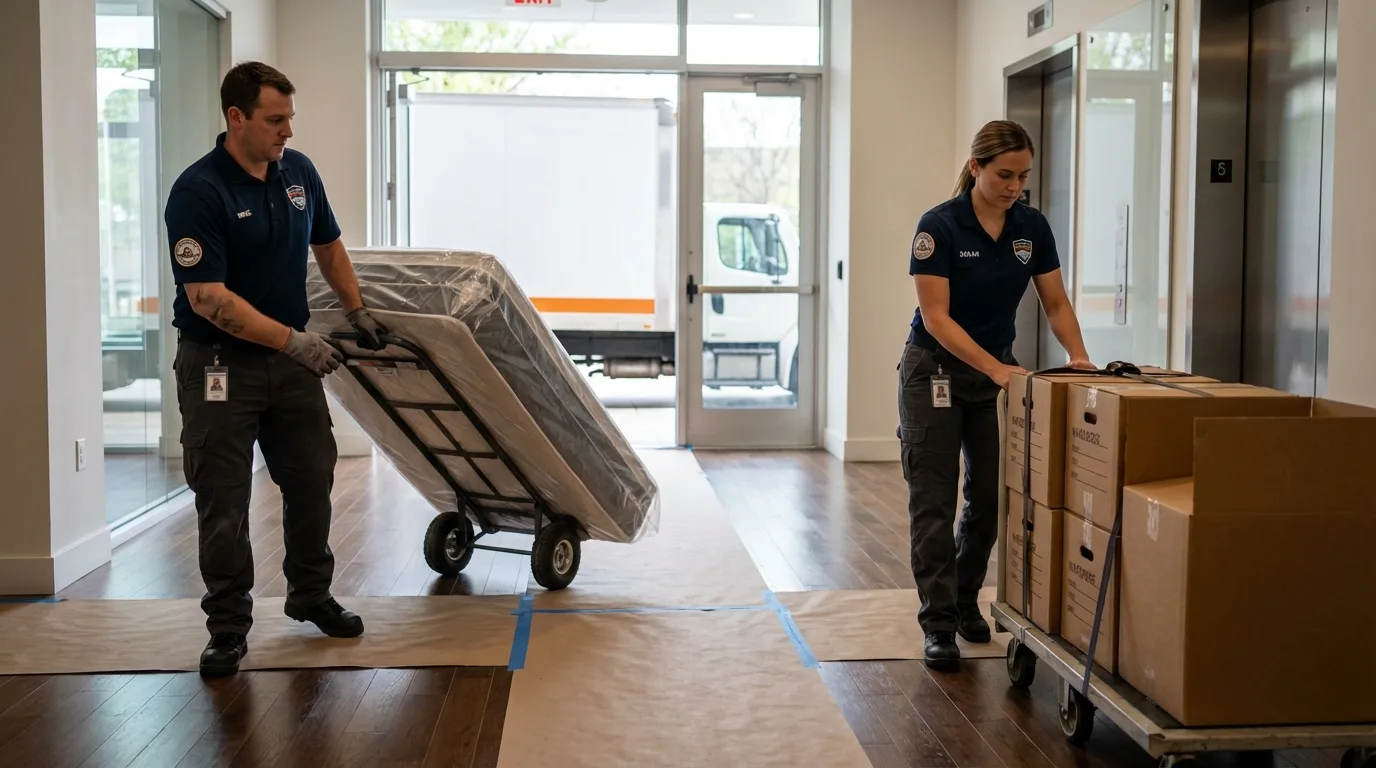 Professional apartment movers loading elevator in Harleigh, PA